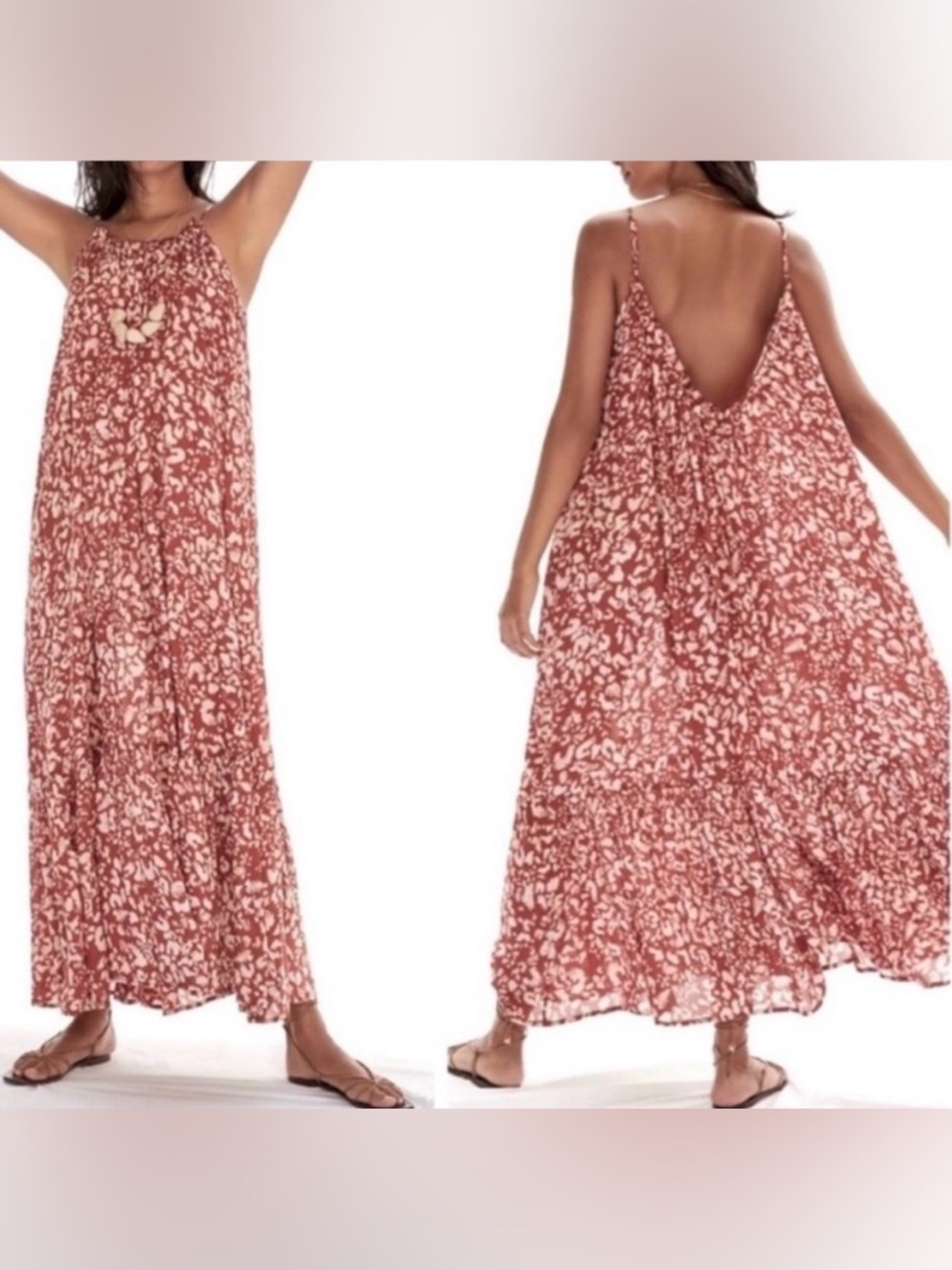 ANTHROPOLOGIE Flounced Low Back Maxi Dress With Adjustable Spaghetti Strap Sz L